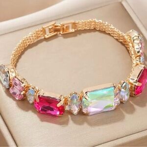 New Pink Gem Gold Tone Statement Bracelet | Multicolor Crystal | Glam